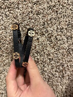 Tory Burch Black Leather Double Wrap Bracelet with Gold Logo Medallions
